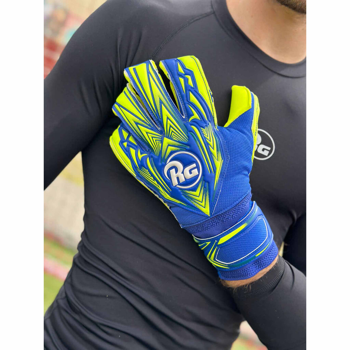 RG Goalkeeper Gloves Bacan Replica gants de gardien de but de soccer - Bleu / Jaune Néon