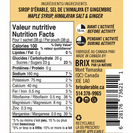 Brix 38G à l'érable gel énergétique pour sportifs - Érable et gingembre