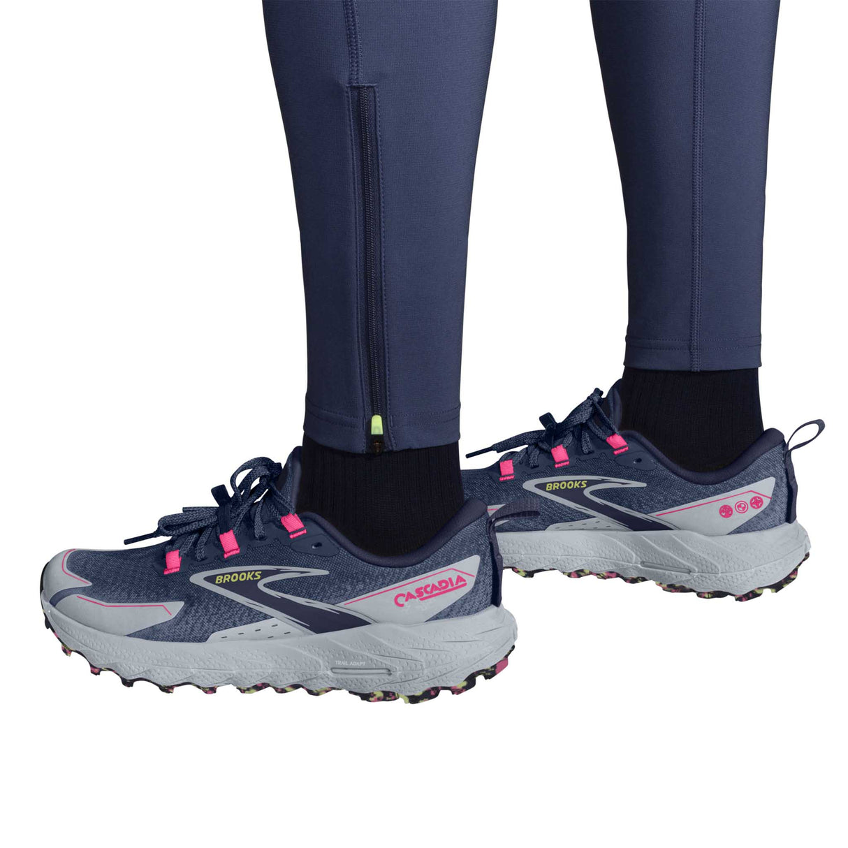 Brooks High Point leggings de course à pied femme jambe detail - Ocean / Navy