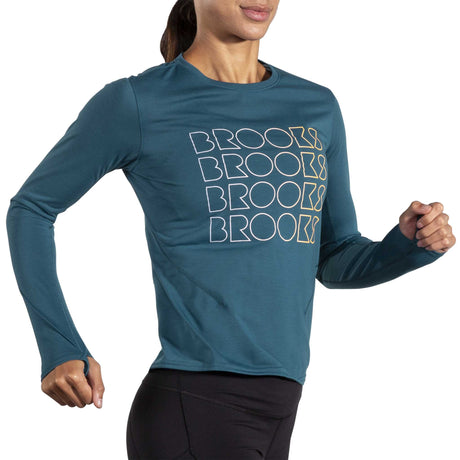 Brooks Distance 3.0 chandail de course à manches longues femme action -Moroccan Blue / Brooks Stack