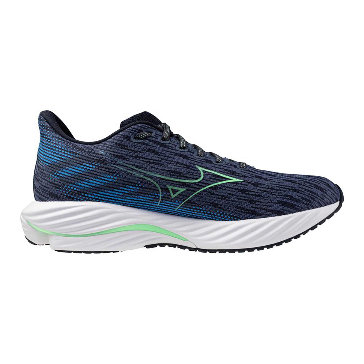 Mizuno Wave Rider 28 chaussures de course à pied pour homme  lateral - Vintage Indigo / Neo Mint