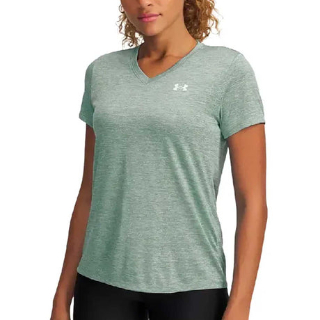 UA Tech Twist T-Shirt V Neck Femme -Silica Green / White