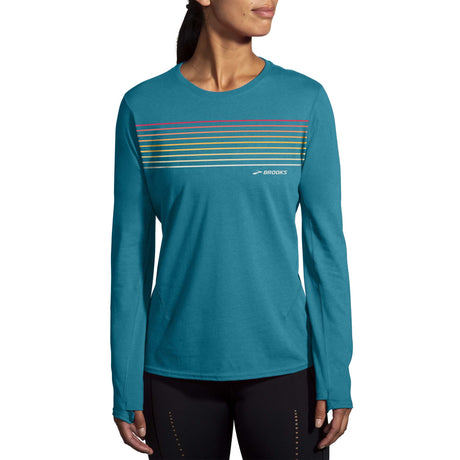 Brooks Distance 2.0 chandail manches longues de course femme face-Heather Lagoon/Gradient Stripe