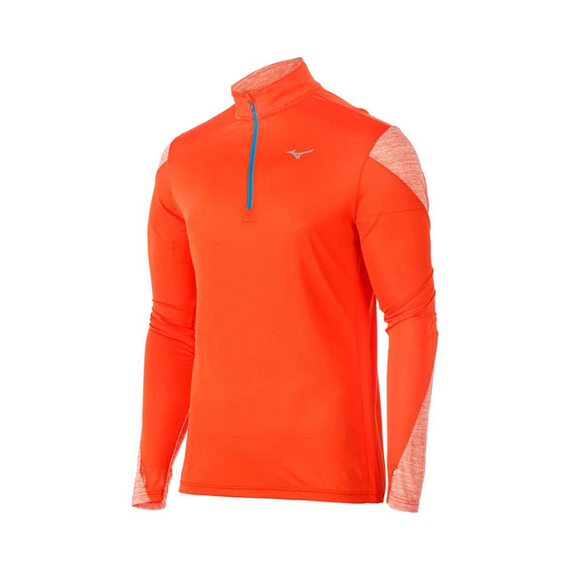 Mizuno Alpha 2.0 long sleeve half-zip mens running shirt cherry tomato